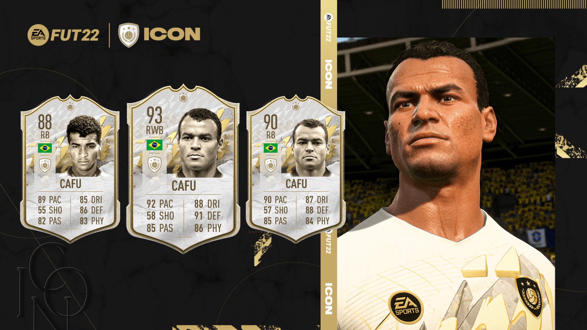 FIFA 22 Icons: A graphic showing the three Icon cards for Cafu in FIFA 22