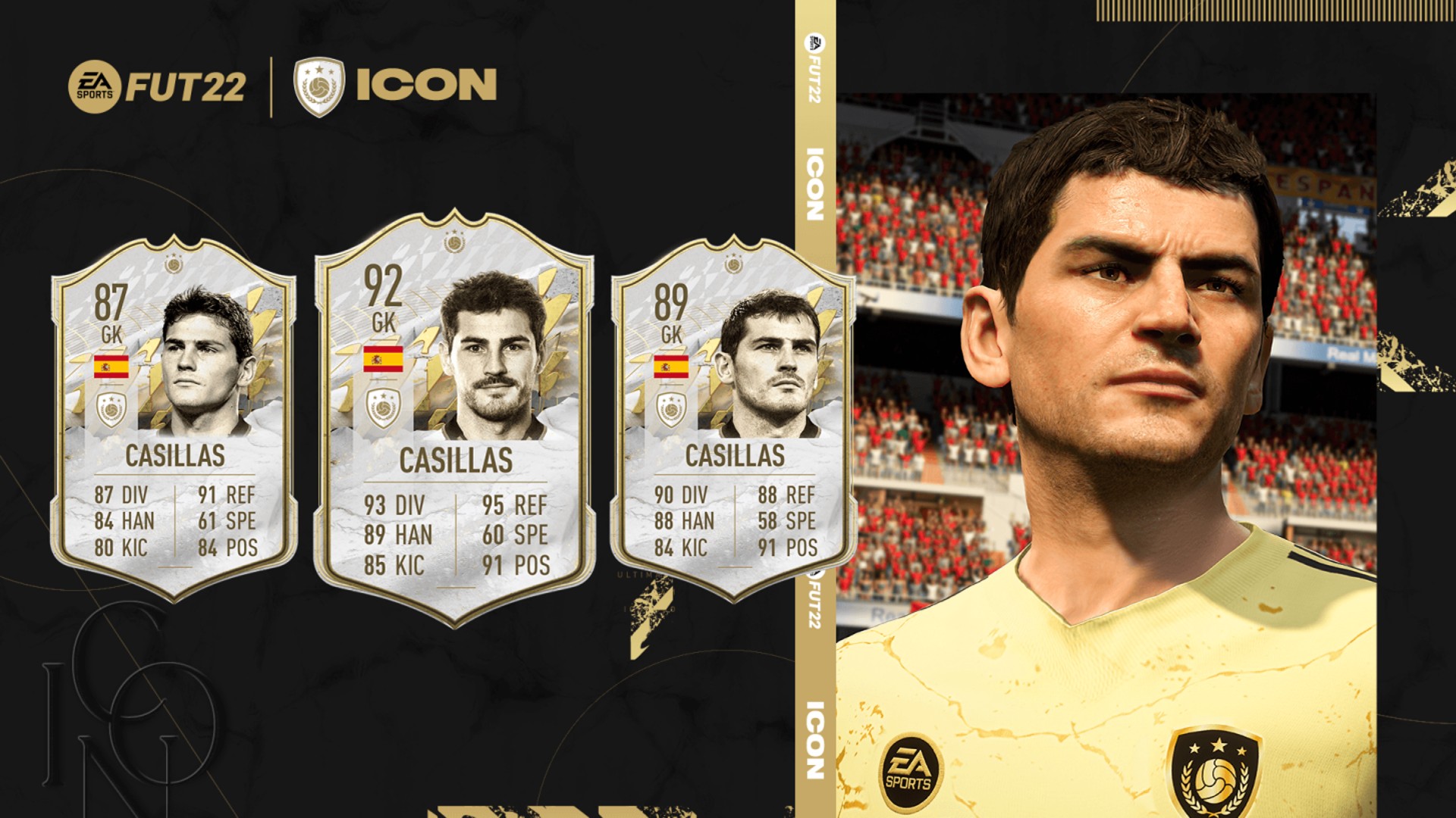 FIFA 22 new Icons: A graphic showing the three Icon cards for Casillas in FIFA 22