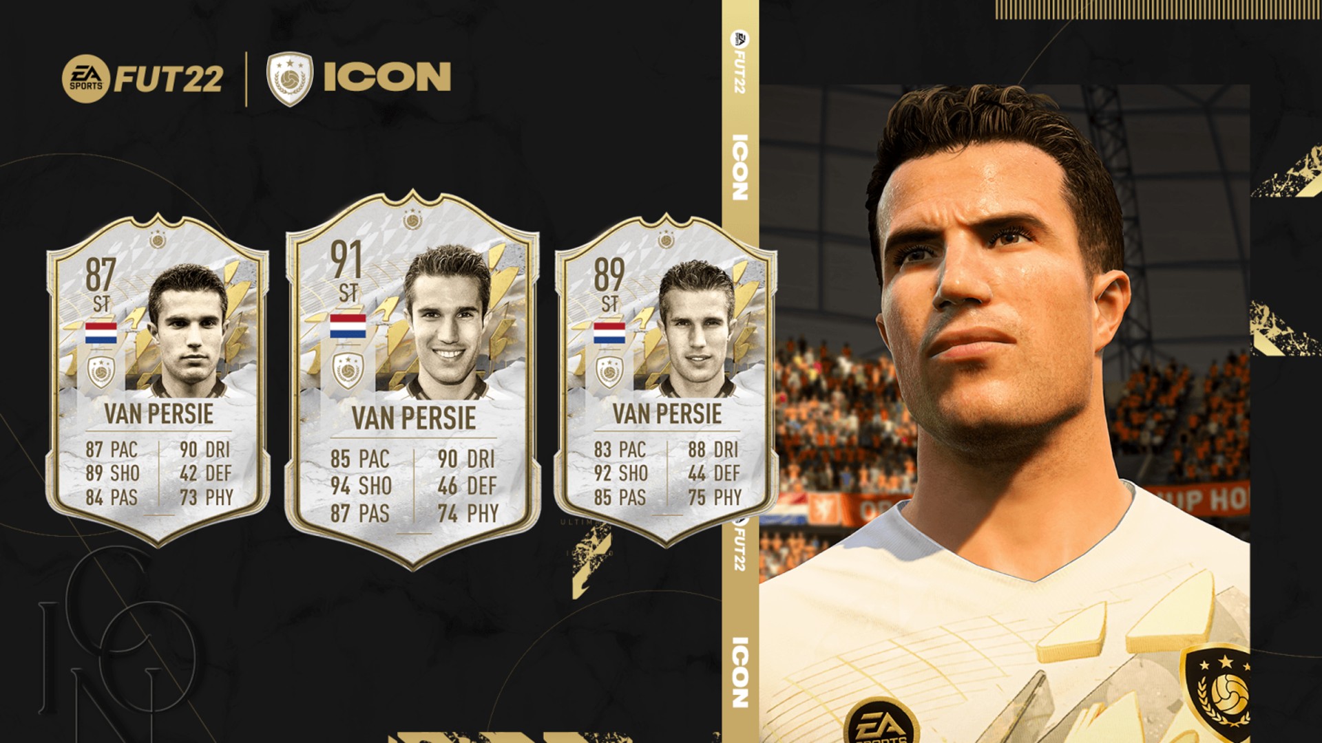 FIFA 22 new Icons: A graphic showing the three Icon cards for van Persie in FIFA 22