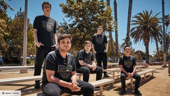 Gen.G's Valorant roster sat outside on benches, surrounded by trees