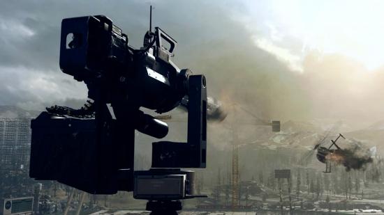 A sentry gun on a rooftop takes down a flaming helicopter in Call of Duty: Warzone