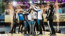 Cloud9 lifting the 2021 LCS Spring Split trophy