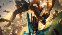 League of Legends champion Akshan flipping upside down in mid air and