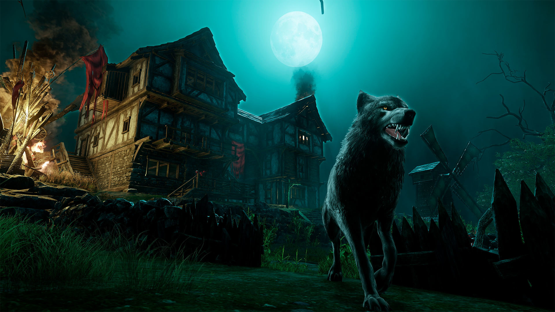New World release date: A wolf prowling outside a large, grand build at night,