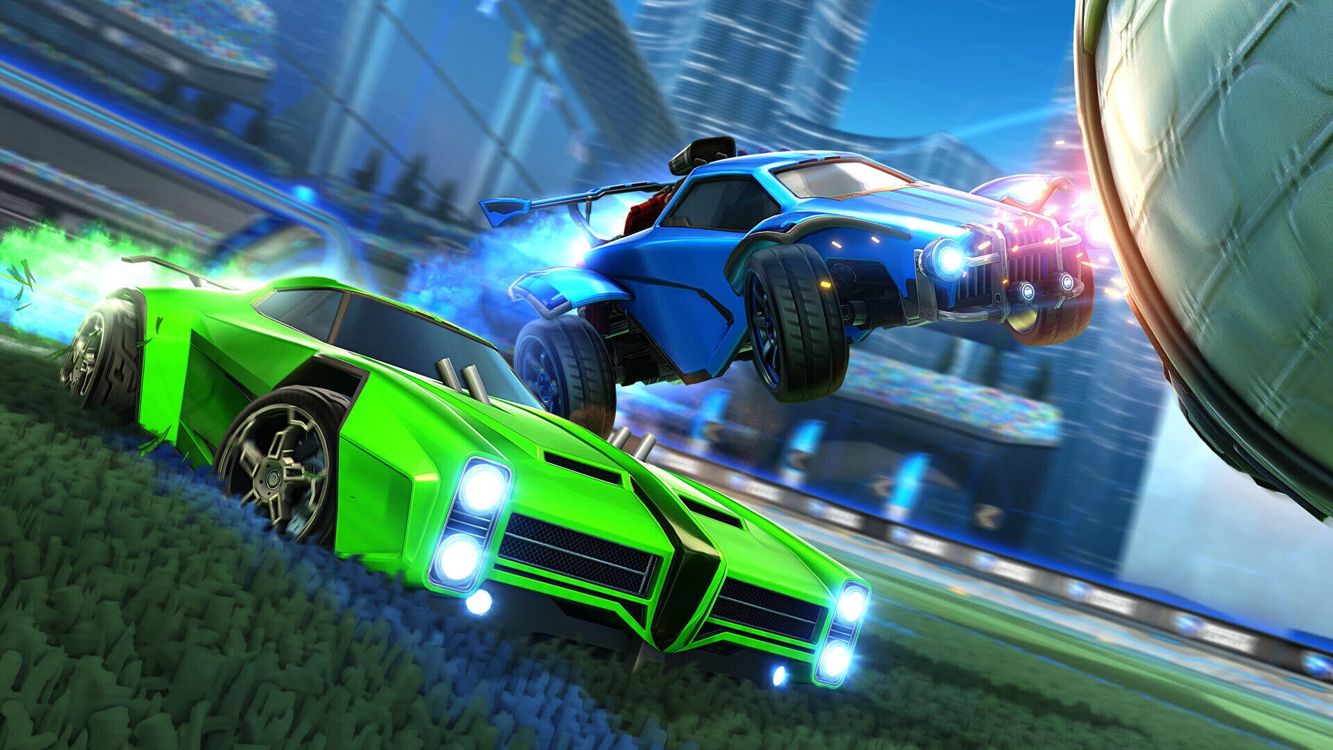 Two cars, one green, one blue, contest for the ball in Rocket League