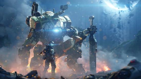 A giant mech looms over a Titanfall soldier