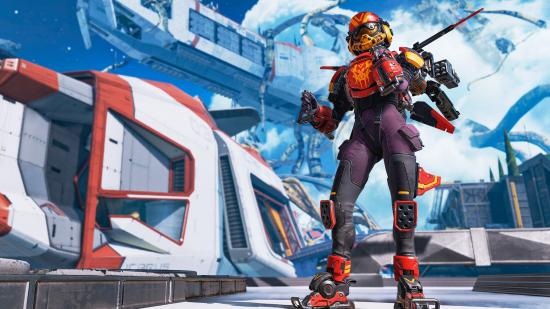 Valkryie, a playable character in Apex Legends wearing red armour and a jetpack