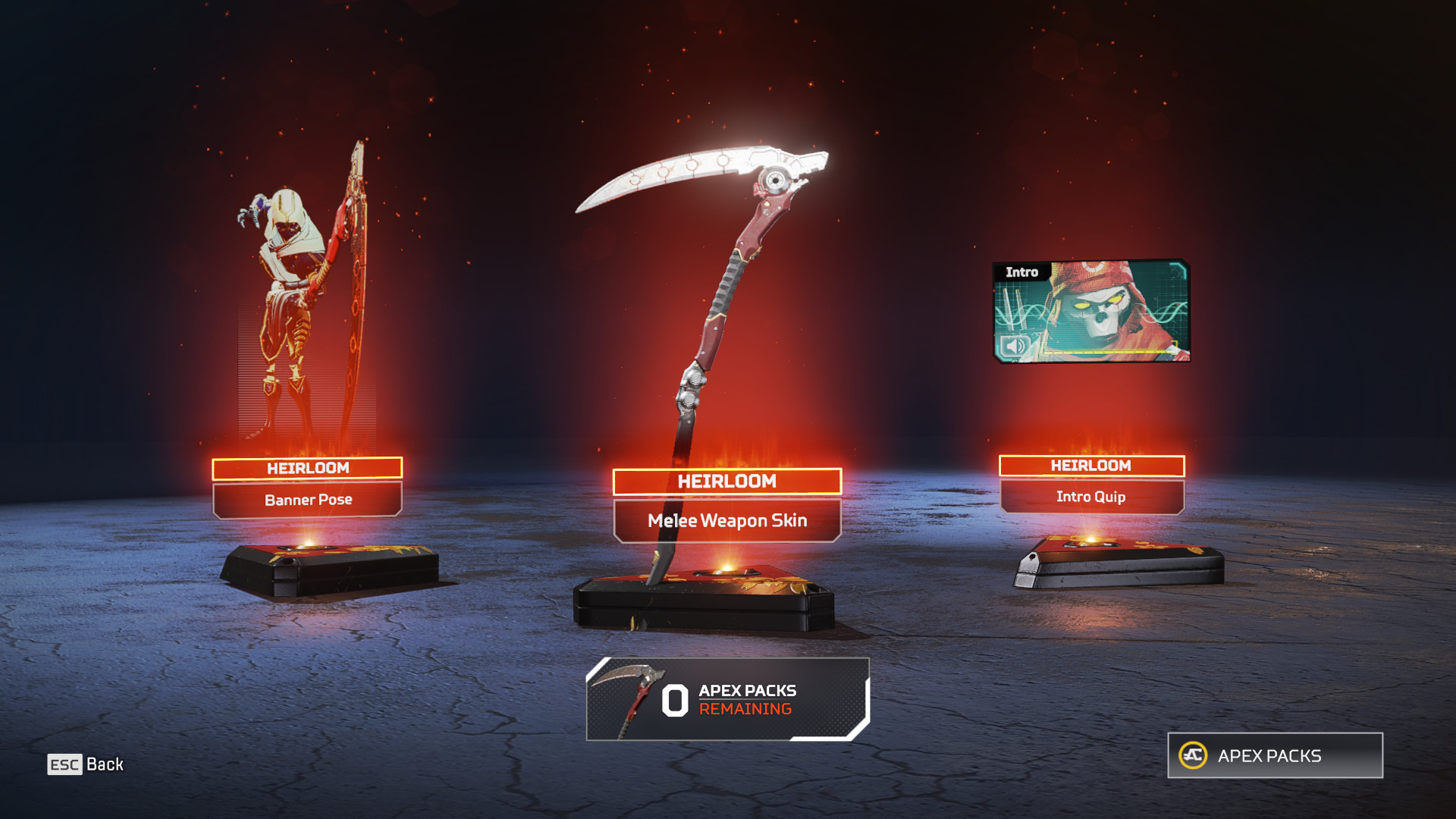 Apex Legends Heirlooms: A Revenant quip, sickle melee weapon skin, and banner pose in the Apex Pack loot screen.