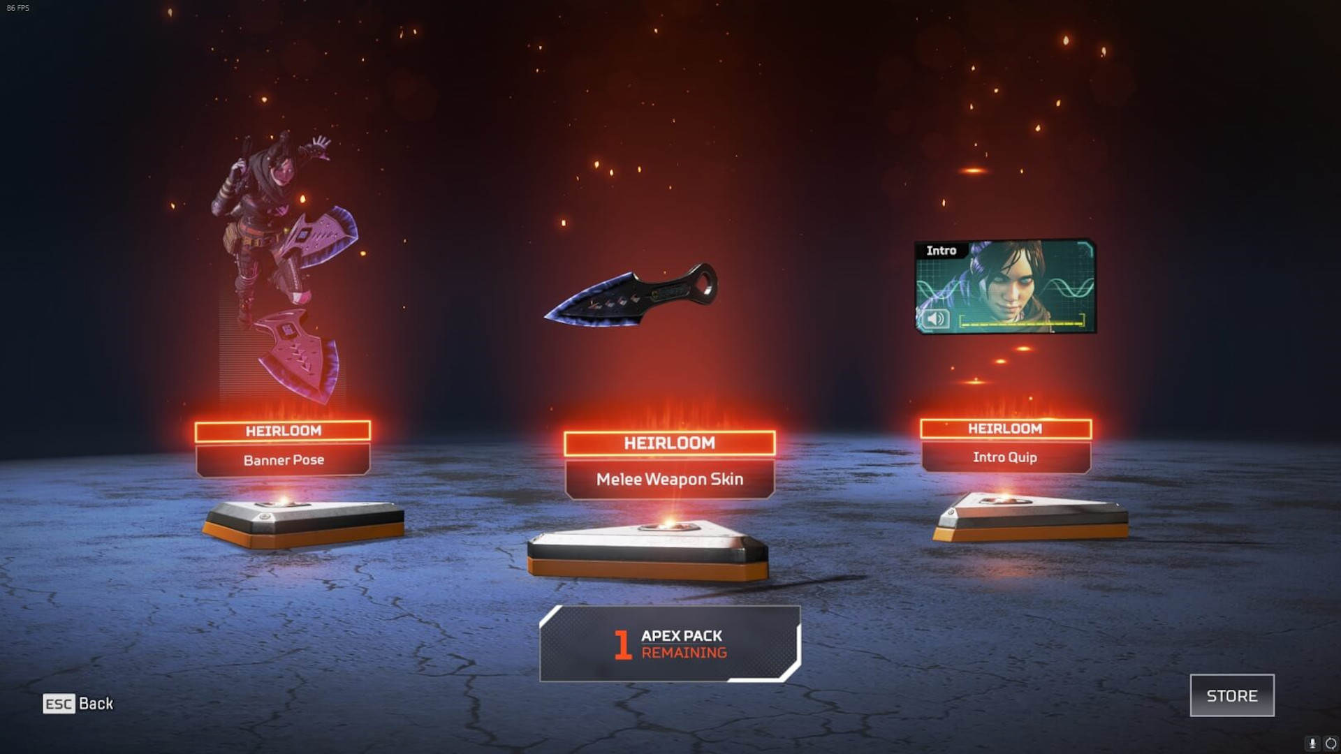 Apex Legends Heirlooms: A quip, banner pose, and melee skin for Wraith in the Apex Pack loot screen.