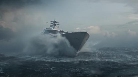 A ship crashes through the ocean waves during a storm