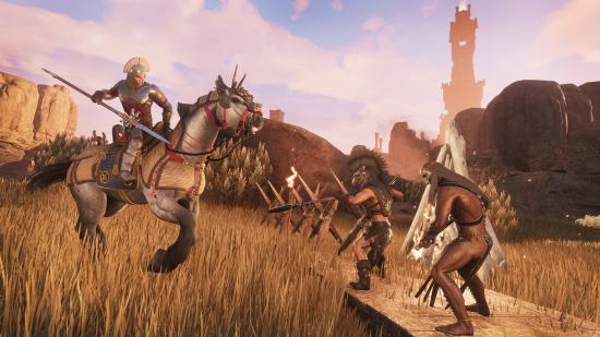 Best PS5 survival games: A man on a horse charges towards two warriors