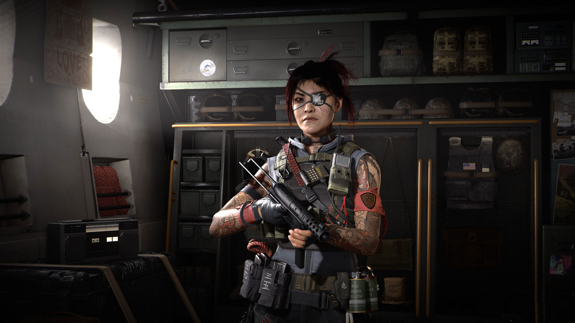 Warzone TEC-9 loadout: Kitsune, a Warzone operator, stands in a arsenal holding a TEC-9.