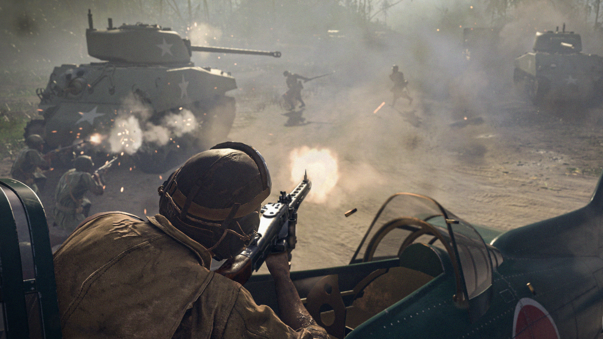 Call of Duty Vanguard release date: A soldier firing a machine gun at enemies from the back of a parked plane, with tanks on the move.