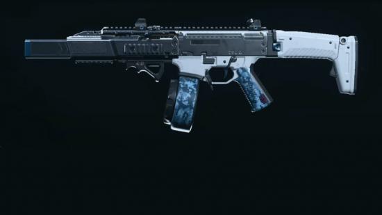 A CX-9 submachine gun in Warzone, painted in a white and blue camo, set against a black background