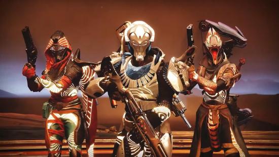 Three Destiny 2 Guardians, clad in armour from the Trials of Osiris