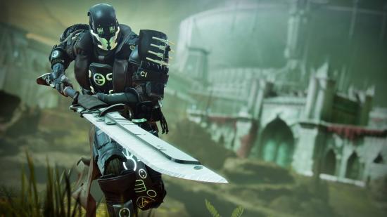 A guardian wielding a Glaive energy weapon in Destiny 2. It resembles a long sword