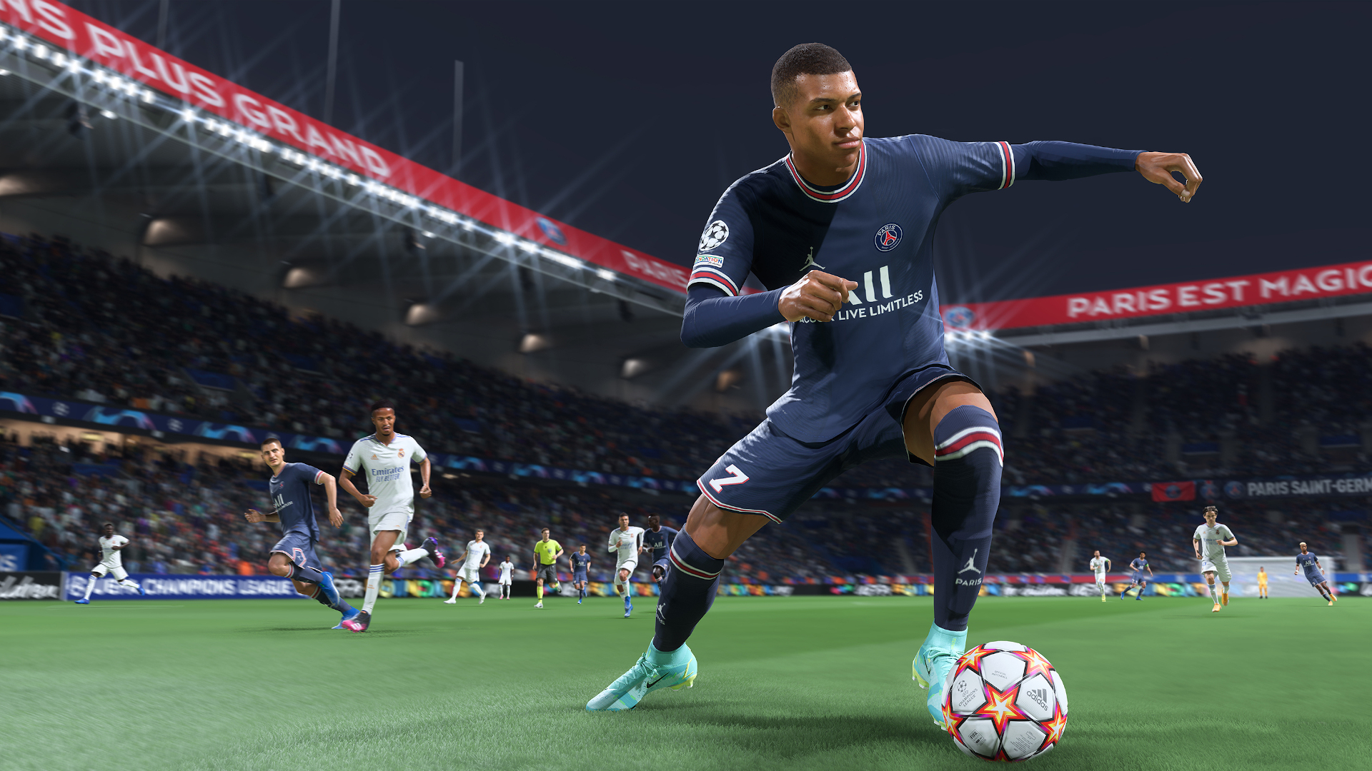 FIFA 22 Division Rivals: Mbappe charges forward with the ball at his feet.