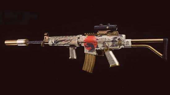 A silver and red-painted Krig 6 assault rifle on a black background in Call of Duty: Warzone