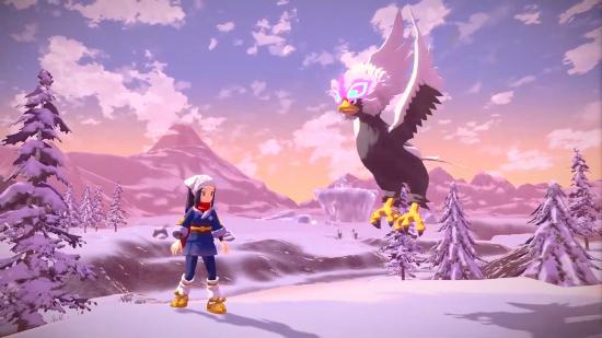 A Pokemon trainer looks up at a hovering Braviary against a snowy backdrop