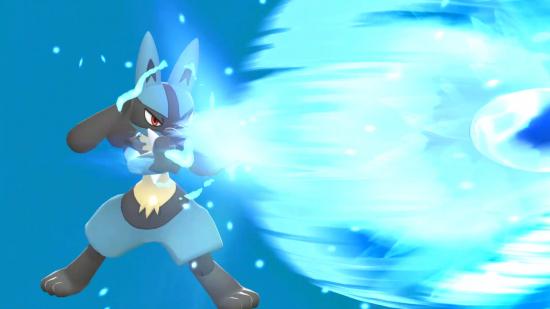 Pokémon type chart: Lucario firing off an Aura Sphere in Brilliant Diamond and Shining Pearl