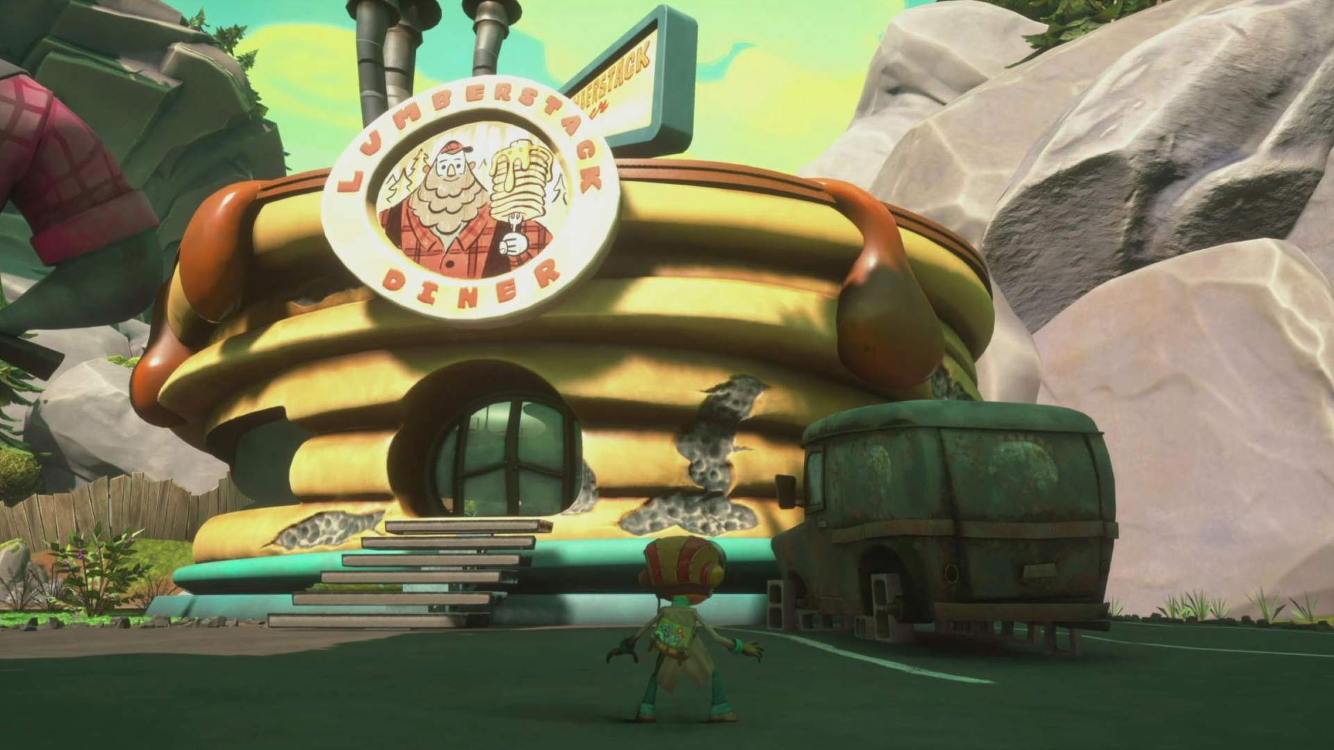 Psychonauts 2 Queepie locations: The Lumberstack Diner stand with Raz standing in the car park.