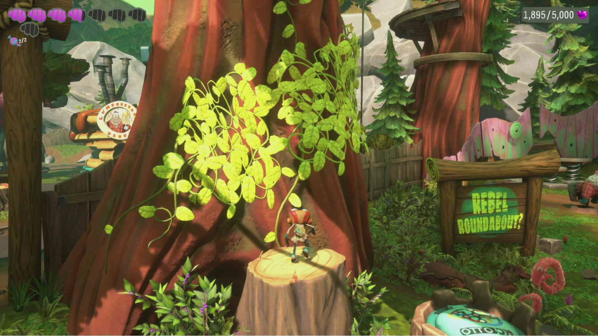 Psychonauts 2 Queepie locations: Raz stands on a tree stump ready to climb to the treetops.