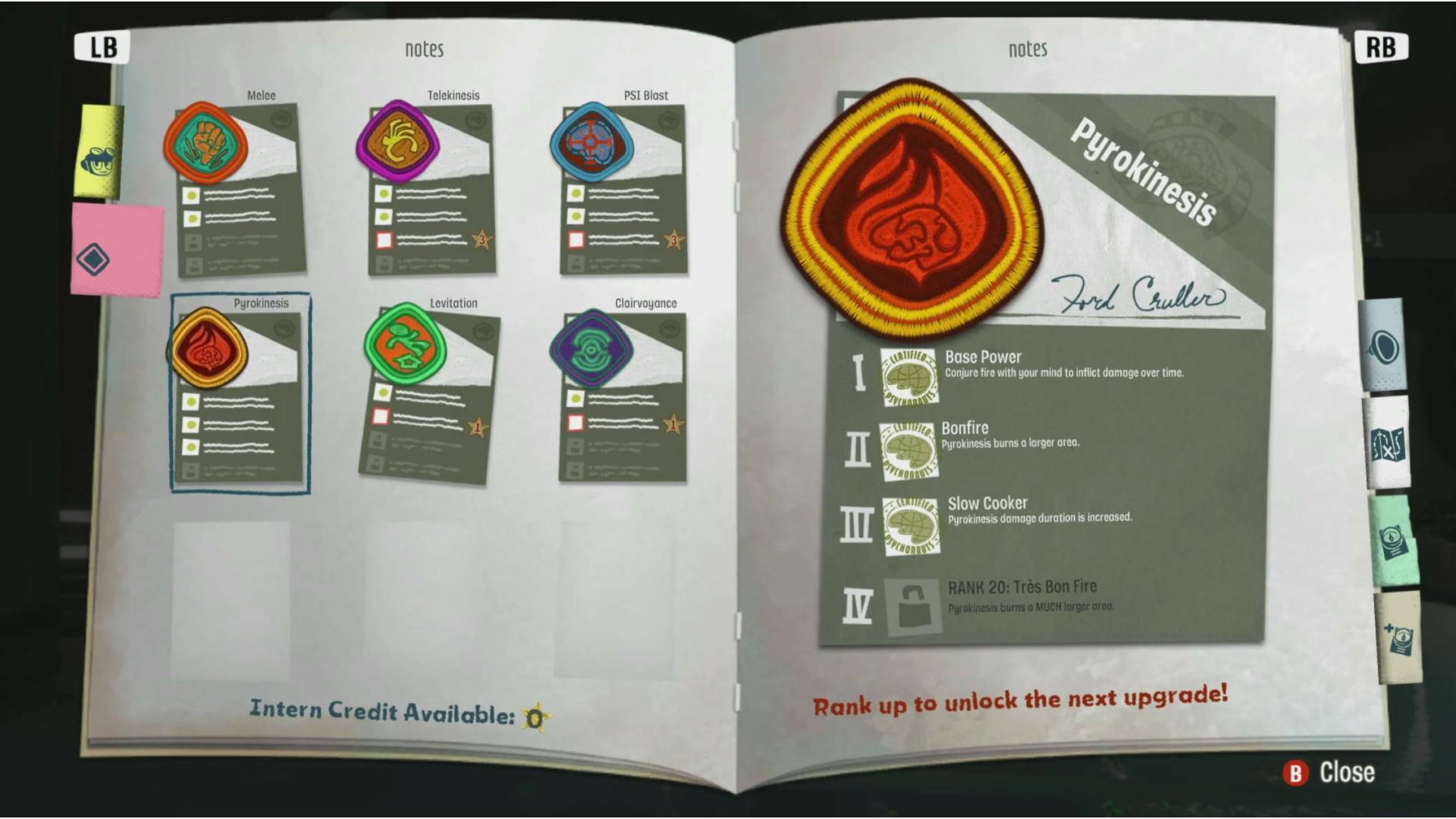 Psychonauts 2 ranks: Raz's abilities are shown in the game's menu. 