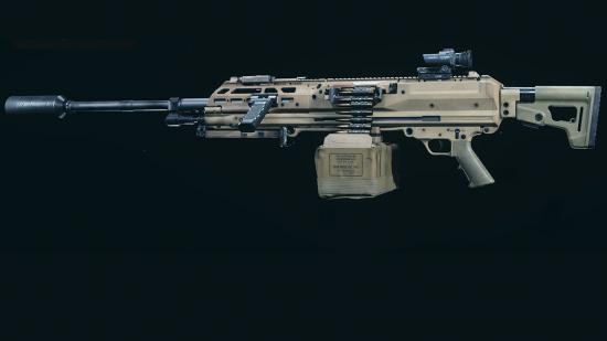 A sand-coloured RAAL MG set against a black background in Warzone