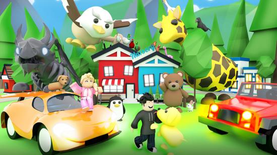Several Roblox characters running away from a house and big animals