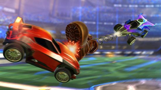 A blue car kicks a red car out the way in Rocket League Rumble