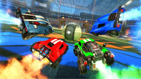 Four cars go for the ball in Rocket League.