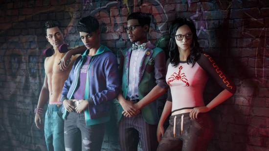 The lineup of main characters in Saints Row stand against a wall.