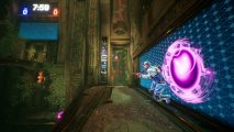 A player emerges from a purple portal in Splitgate