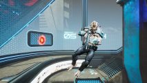 A Splitgate player jumps in front of the screen from an open portal