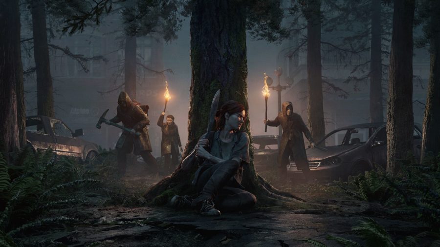 Ellie hides behind a tree, machete raised, as three enemies approach in the dark
