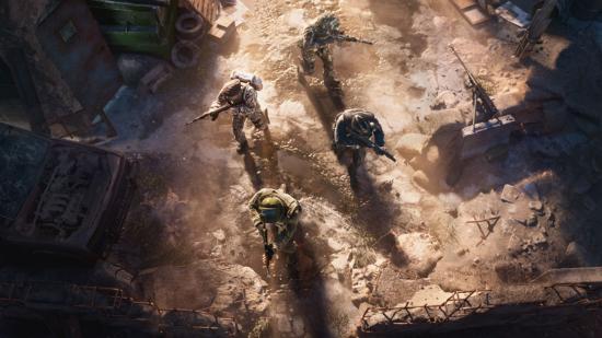 Four soldiers can be seen walking towards their objective.