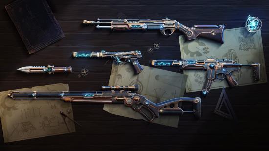 Valorant skins: A series of Steam Punk inspired weapons sitting on a wooden planning table