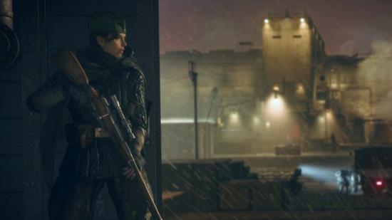 A female sniper lurks in the shadows, with a lit up fortress in the background