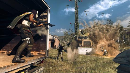 A Warzone battle rages. One Operator peeks out from the back of a truck. Two enemies take aim at her. Several operators are also parachuting in from above