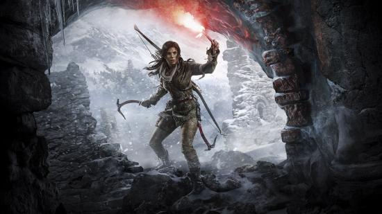 Lara Croft can be seen exploring a cave.