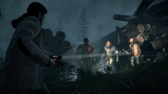 Alan can be seen shining his torch on some enemies in a forest.