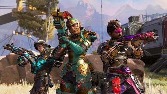 Three female Apex Legends characters wearing colourful armour stand in a semi circle aiming their guns