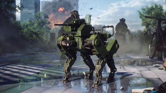 Battlefield 2042's robotic dog can be seen standing in a street in the midst of an ongoing battle.