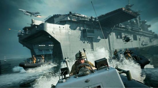 Soldiers can be seen driving away from a large carrier ship on a boat.