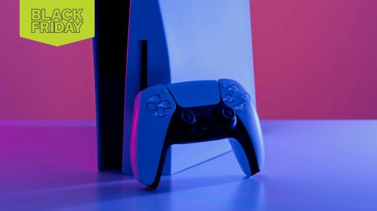 Black Friday PlayStation deals: A PS5 and DualSense controller in a neon light