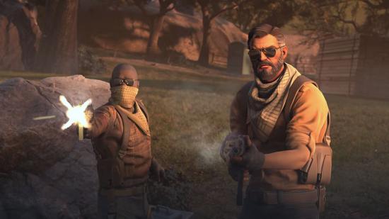 Two CS:GO operators in brown guerrilla gear, fire their weapons towards the camera