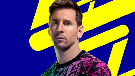 eFootball release time: Messi stands looking at the camera in the game's official key art.