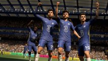 Three Chelsea players in blue kits celebrate a goal in FIFA 22 career mode