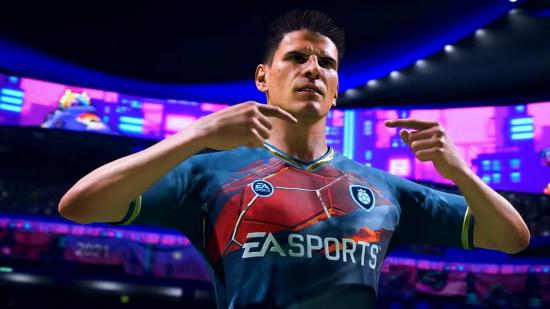 FIFA 22 heroes: Mario Gomez points to his chest with both hands as he celebrates a goal in FIFA 22