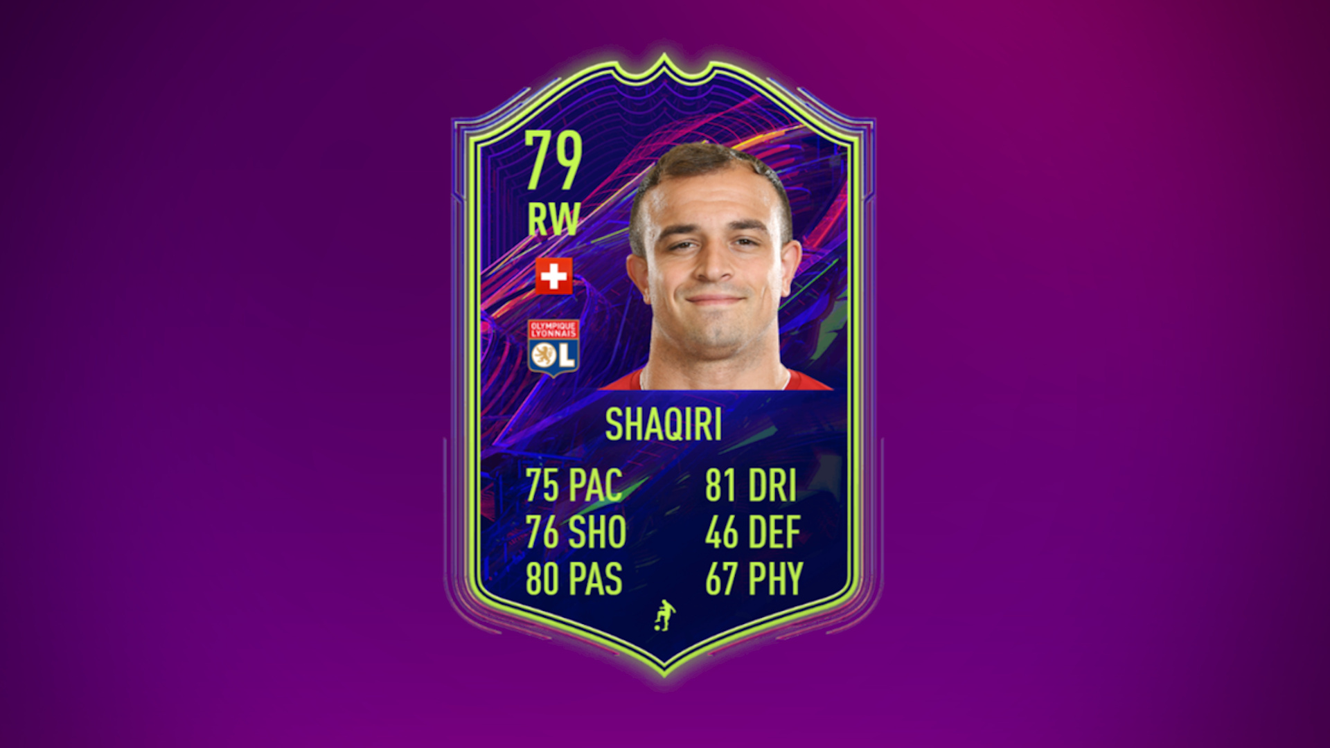 FIFA 22 Shaqiri SBC solution: his one to watch card on a purple background.